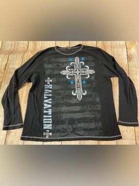 Mens No Boundaries Y2K Longsleeve Thermal Cross Wings Salvation Black Shirt 2XL